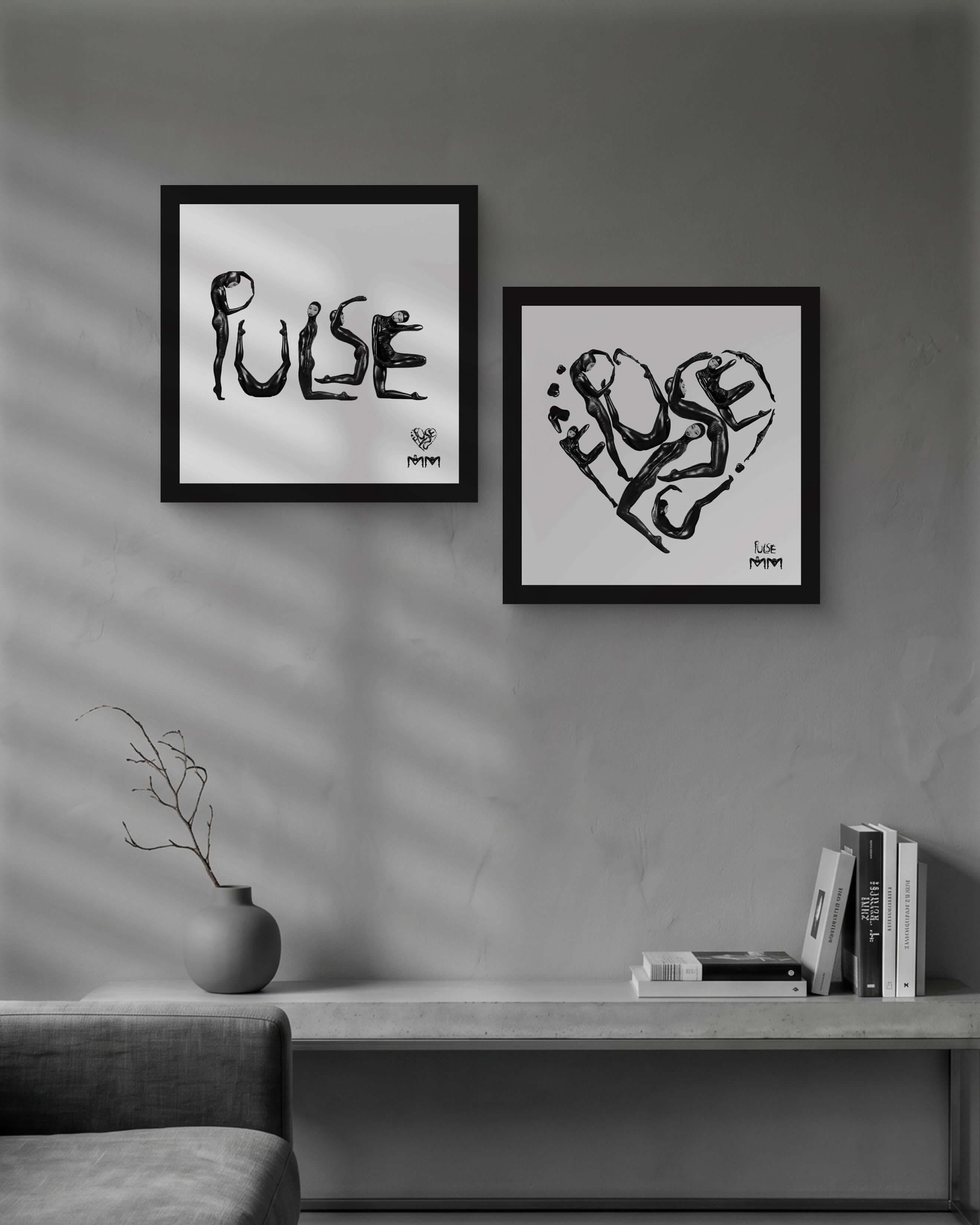 Framed Pulse and Love prints on a gray wall